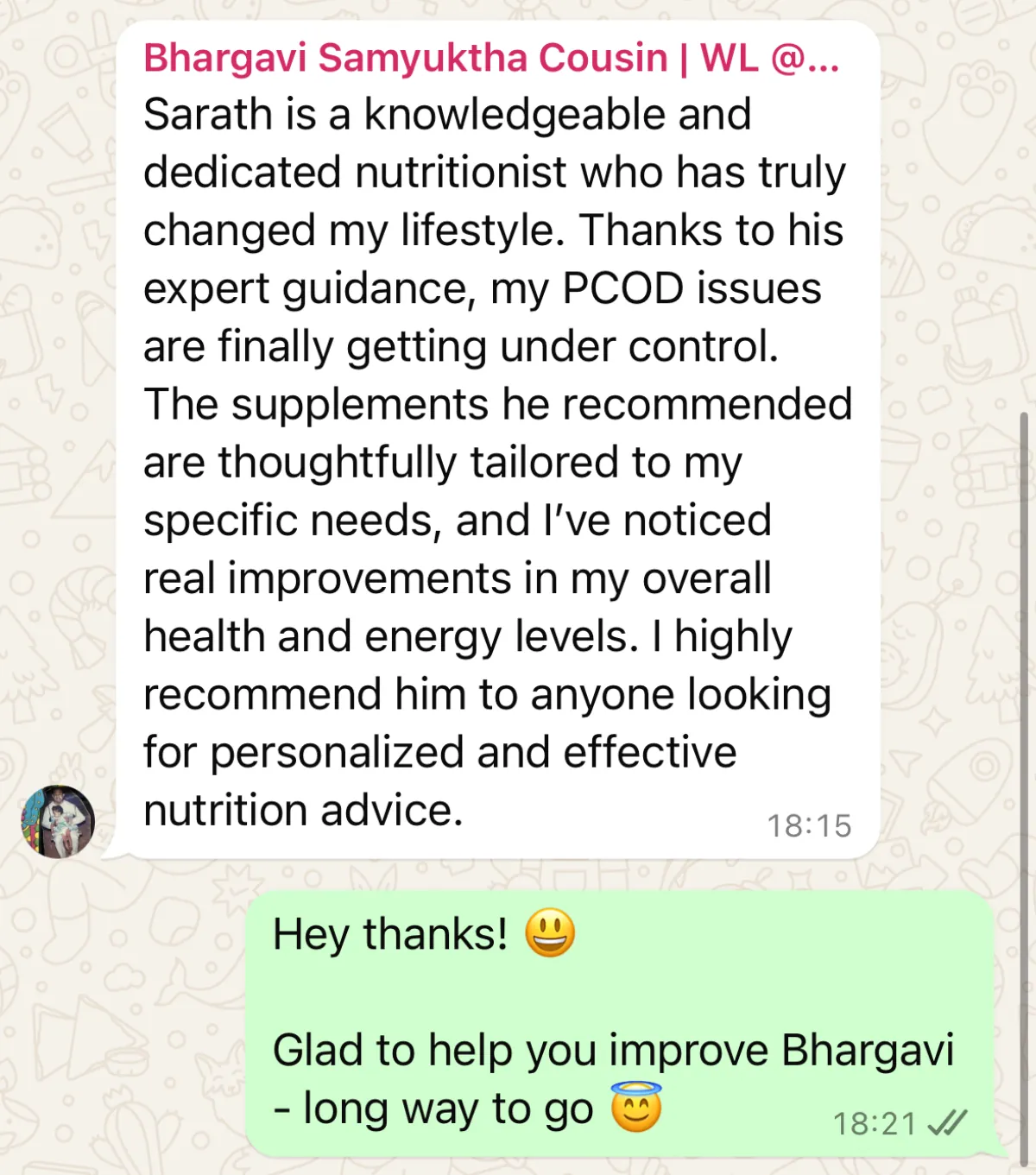 WhatsApp chat with a THINQ.FIT client