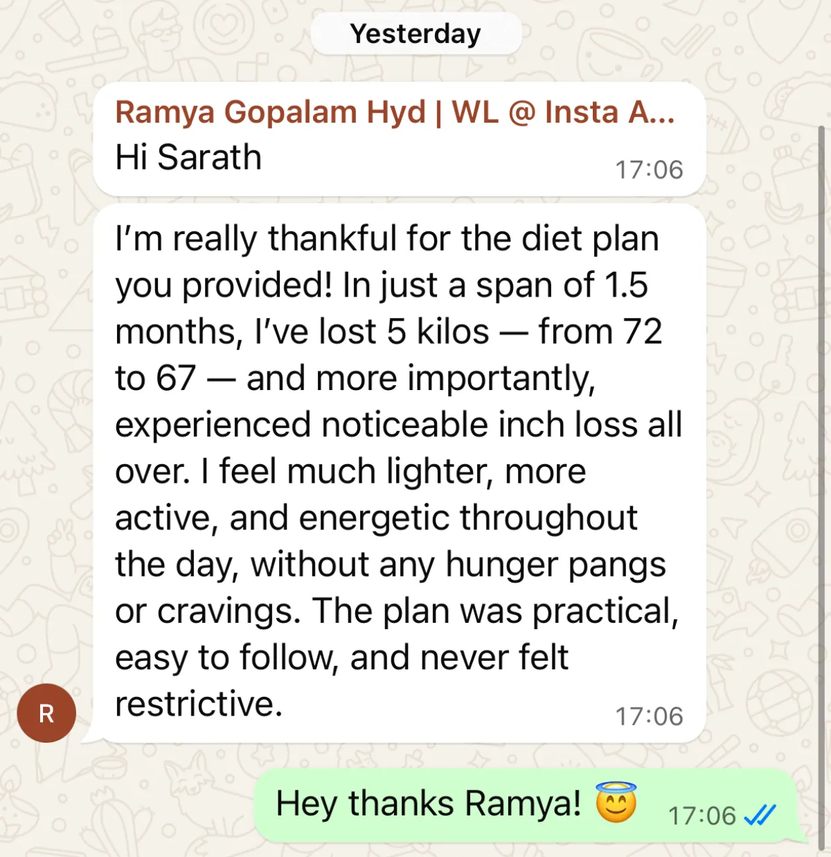WhatsApp chat with a THINQ.FIT client