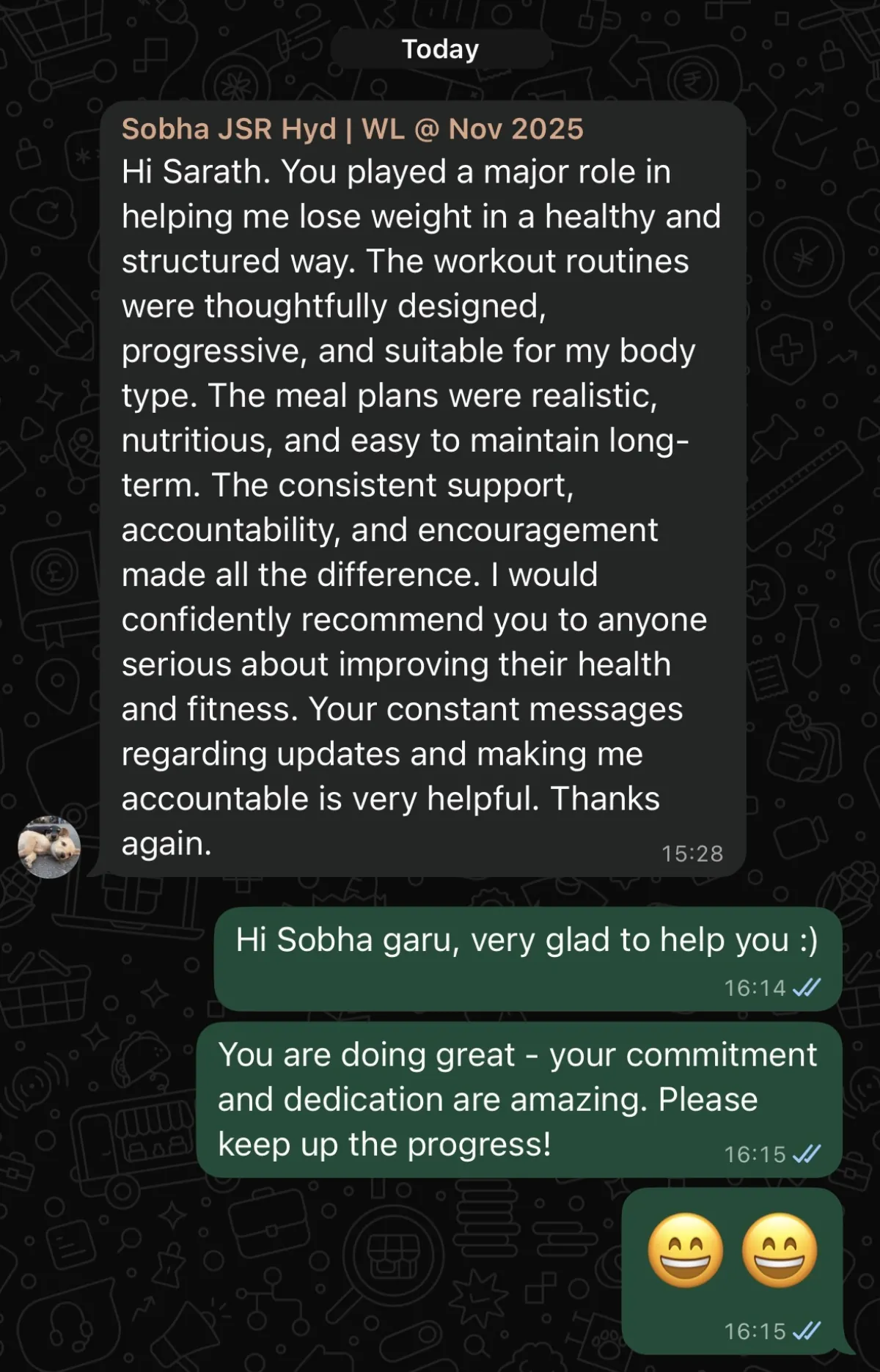 WhatsApp chat with a THINQ.FIT client