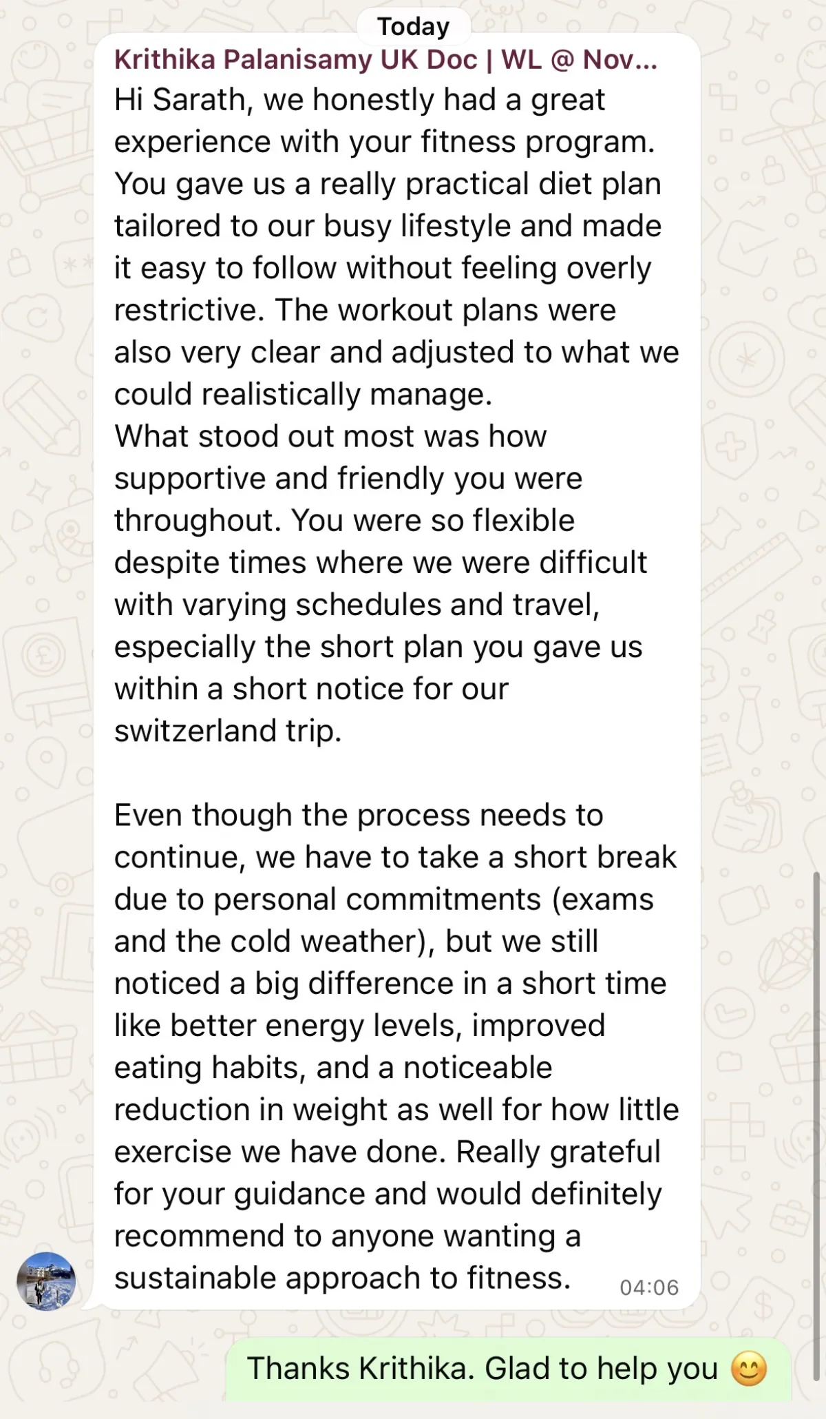 WhatsApp chat with a THINQ.FIT client