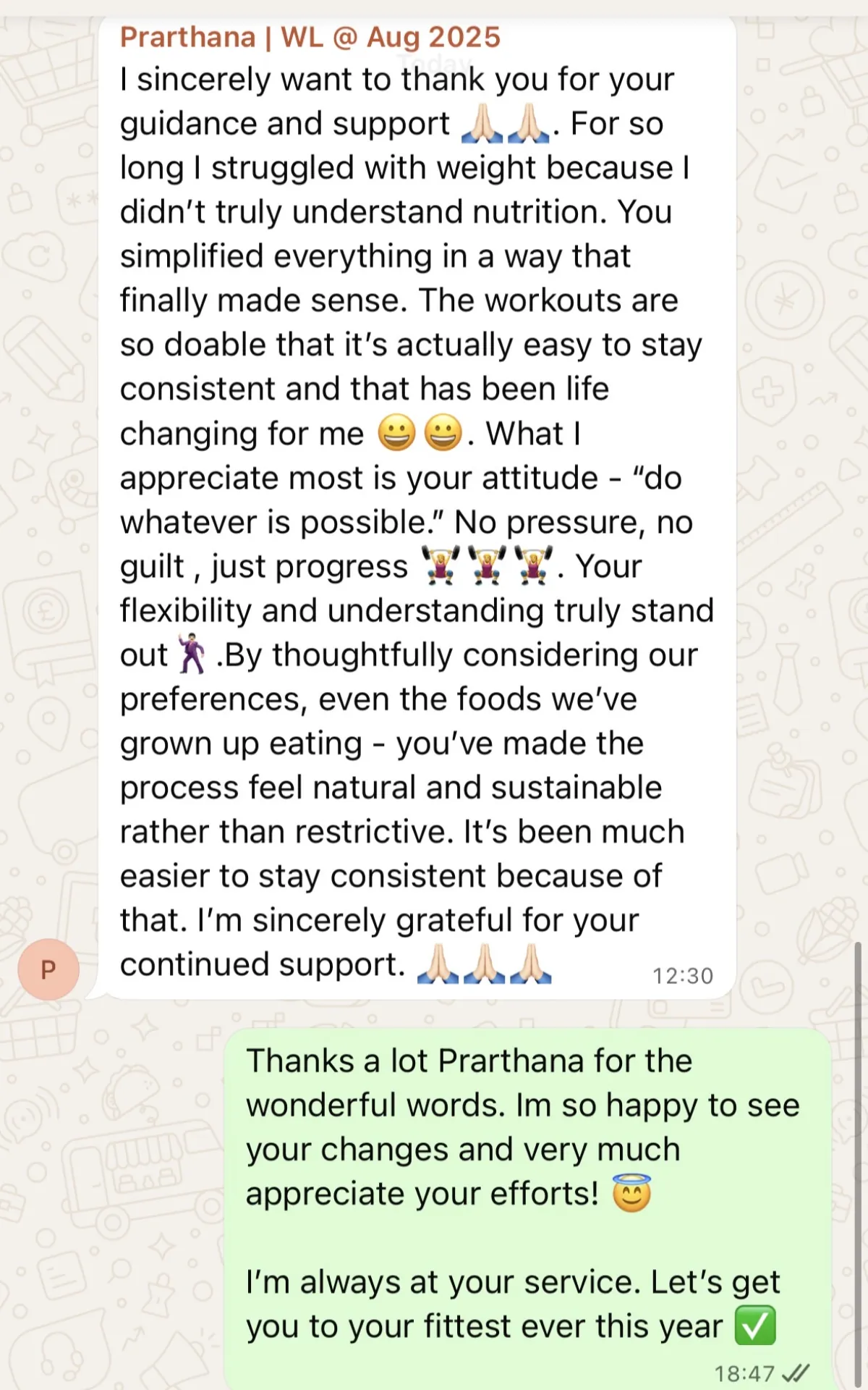 WhatsApp chat with a THINQ.FIT client