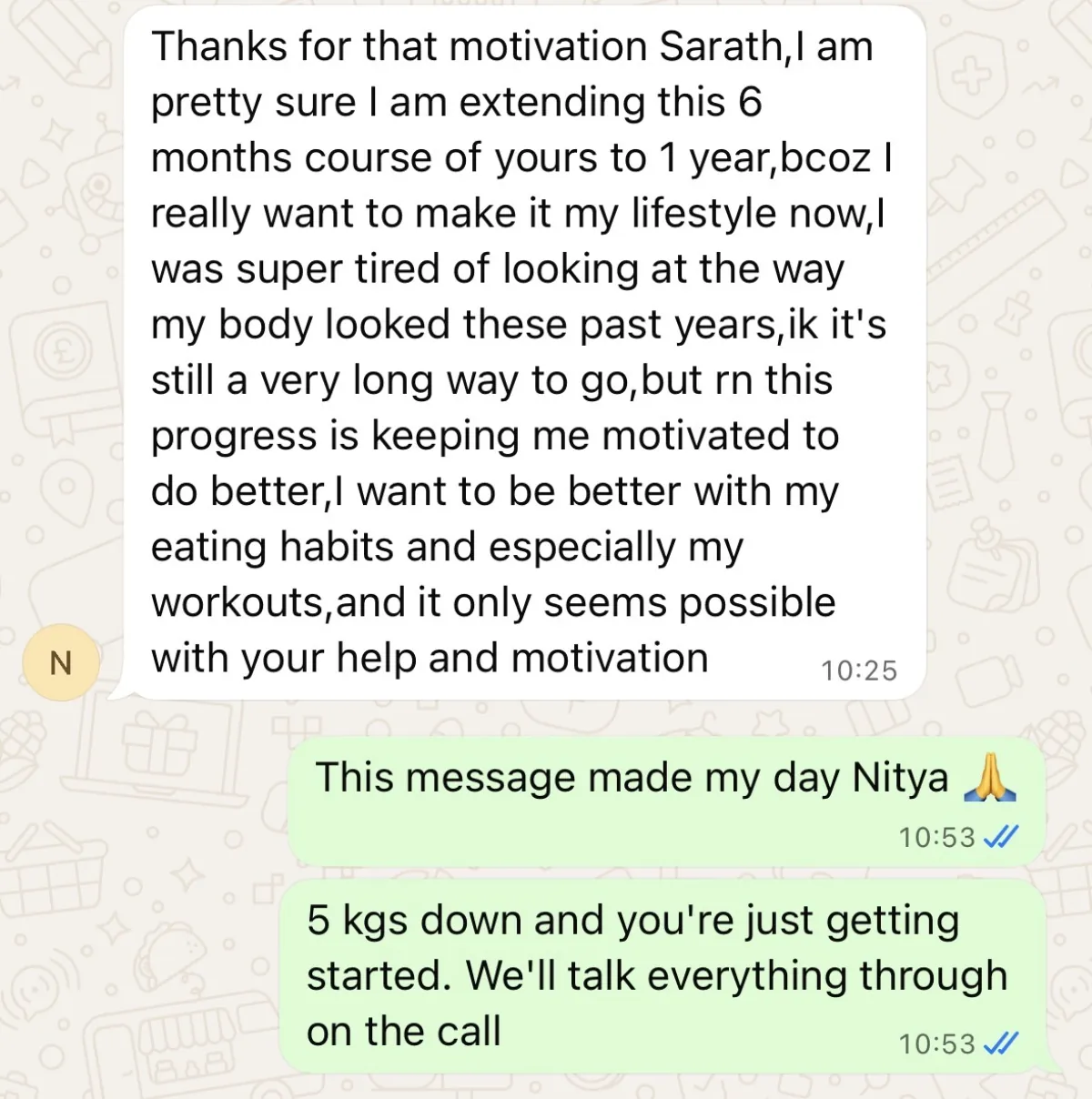 WhatsApp chat with a THINQ.FIT client