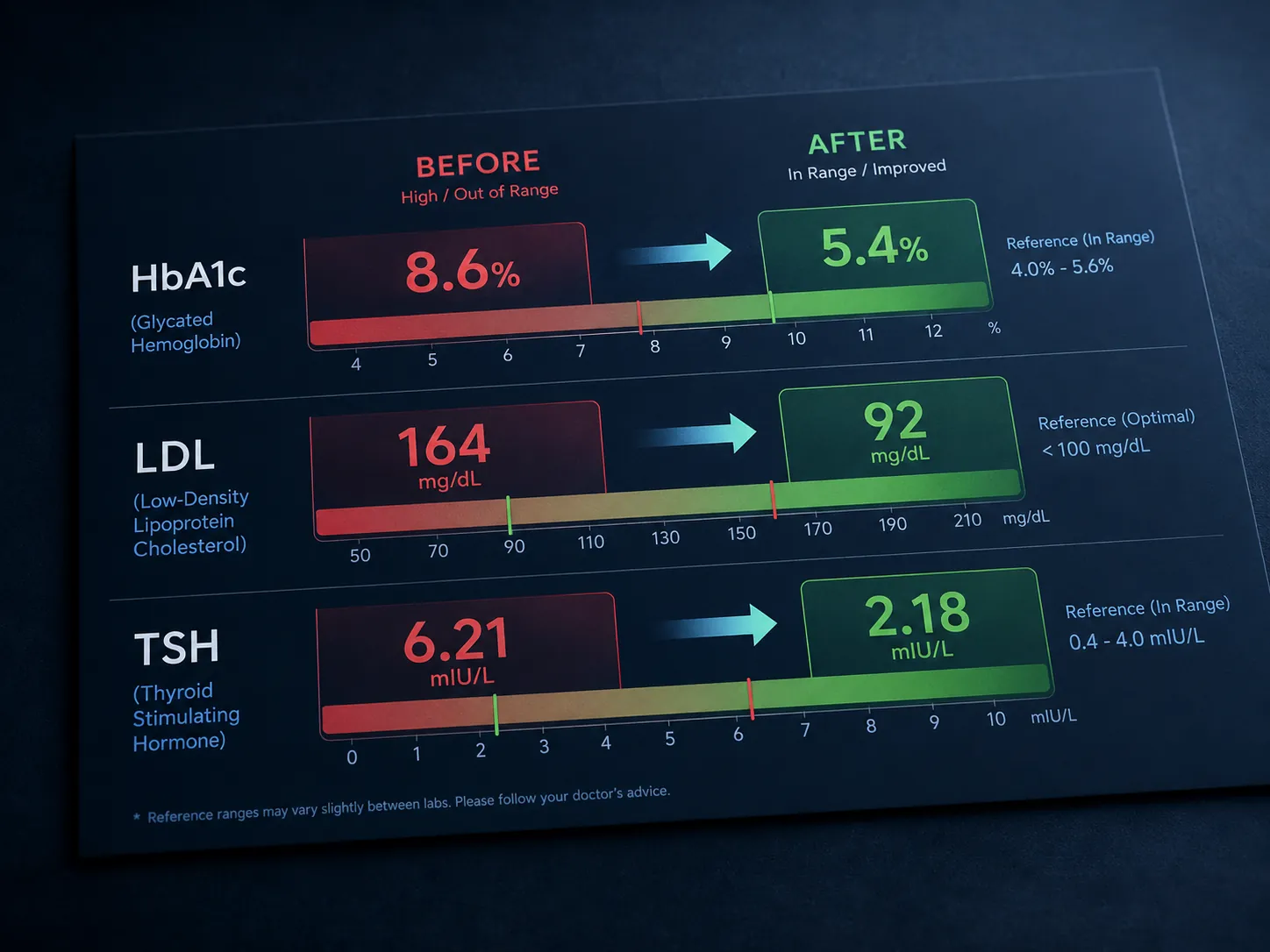 A before-and-after blood report showing key markers — HbA1c, cholesterol and thyroid — moving from a high red band down into the healthy green range