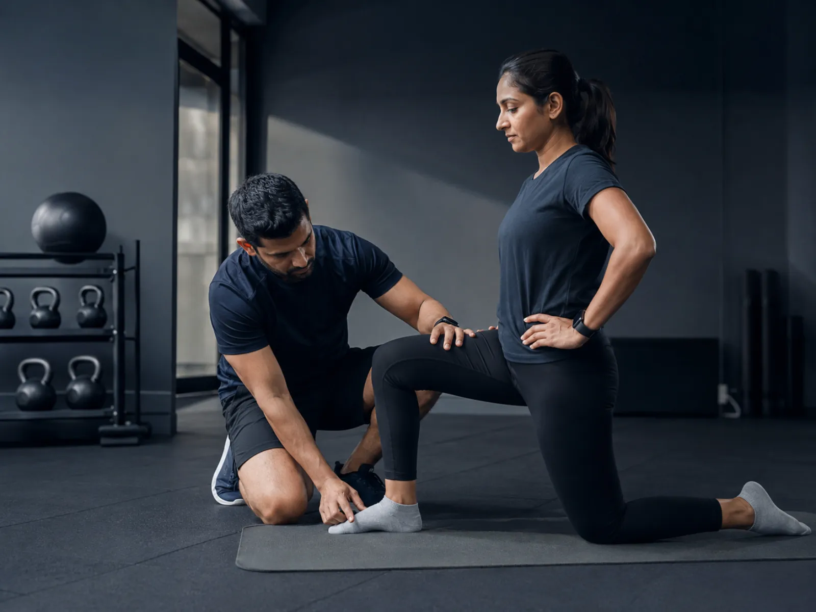 A coach kneeling beside a client, hands-on guiding a corrective knee and ankle mobility exercise in a premium studio