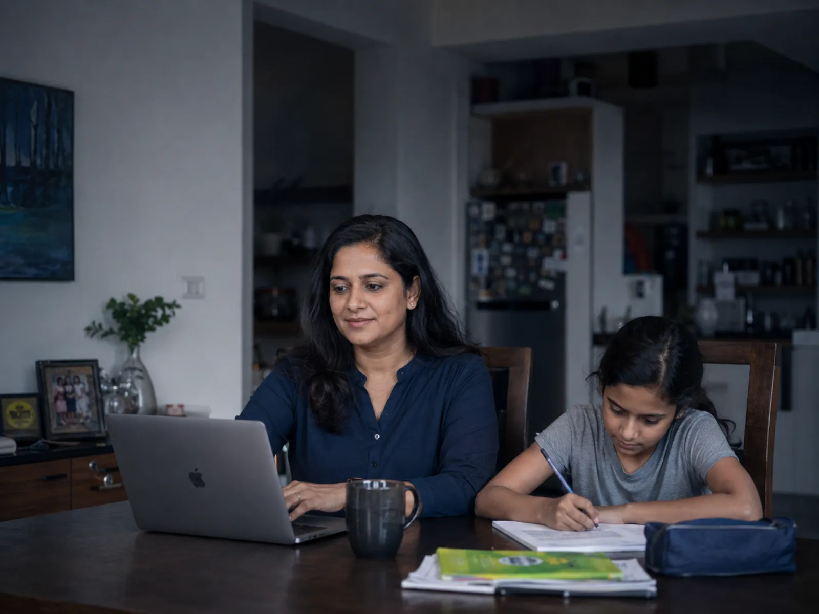 A senior professional at her dining table in the evening, work laptop open beside her child's homework, ordinary home life going on around her