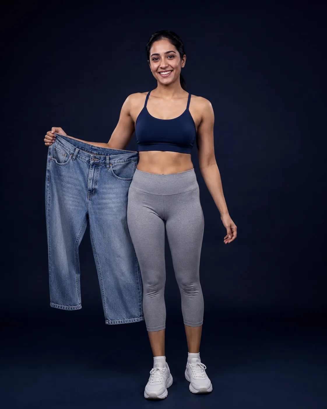 A fit woman holding her old oversized jeans — a weight-loss transformation