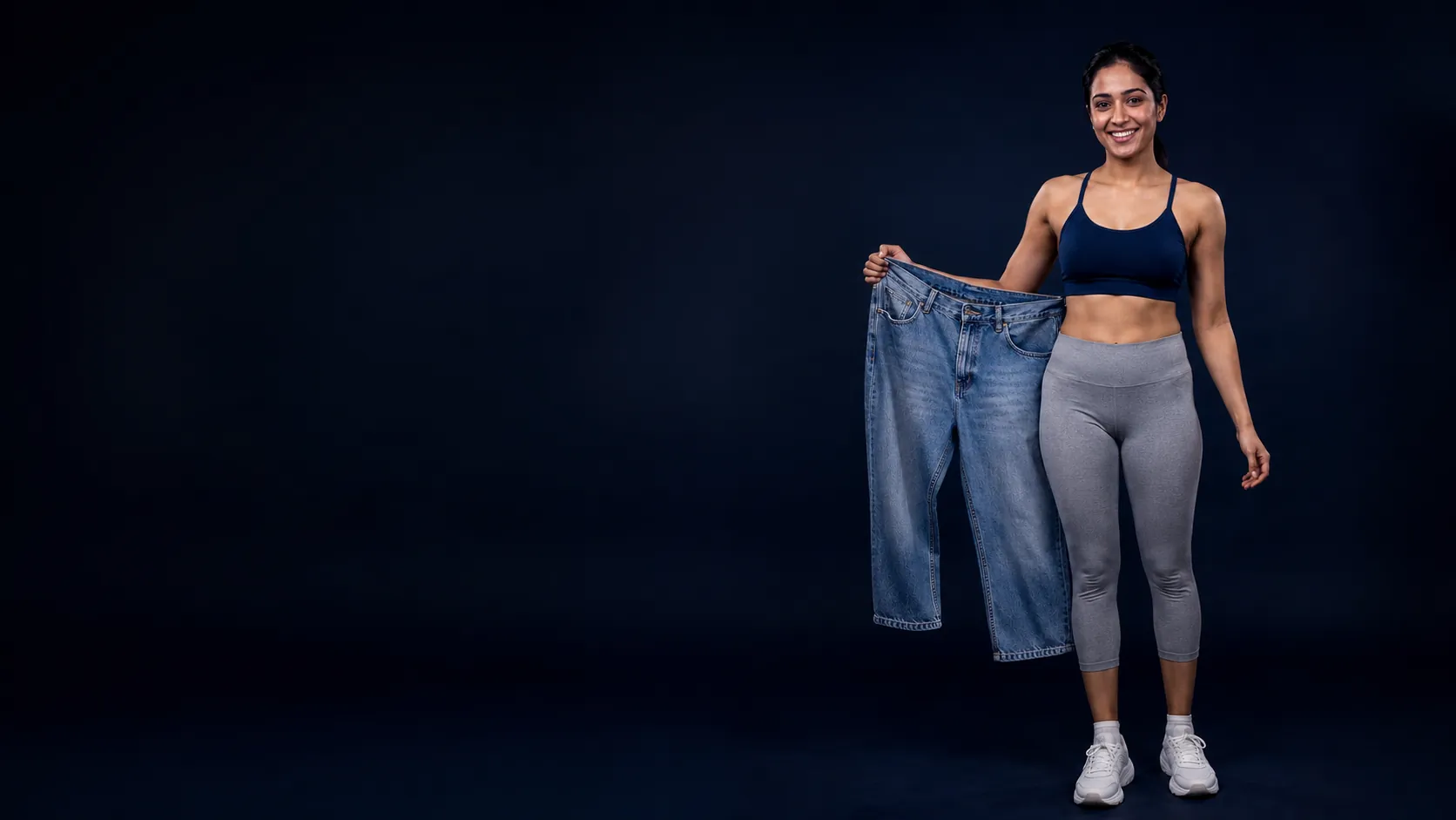 A fit woman holding her old oversized jeans — a weight-loss transformation