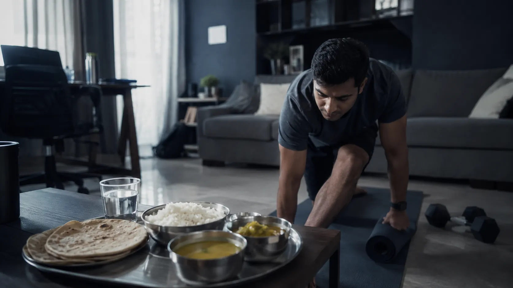 A working professional fitting a short home workout into their day, with a normal home-cooked Indian meal of roti, rice and dal nearby